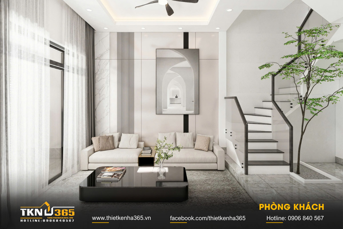Phòng khách rộng thoáng với hệ cửa kính lớn 