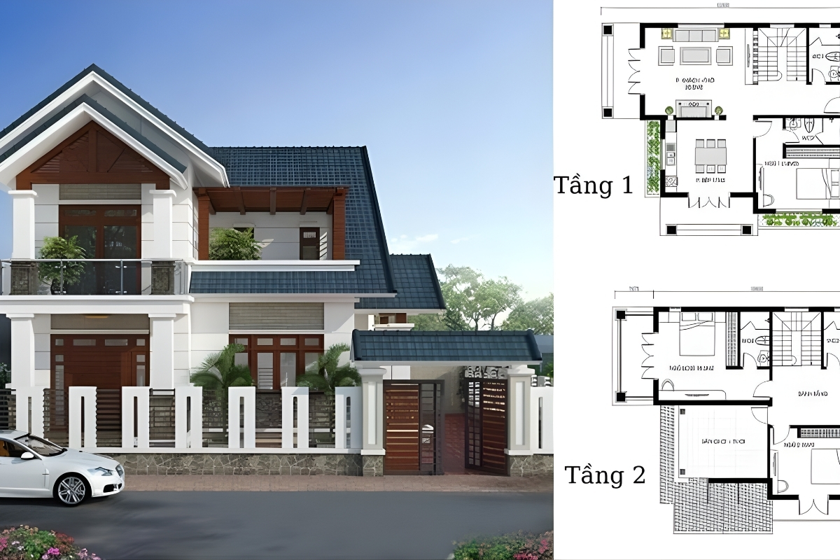 30+ Mẫu thiết kế nhà 2 tầng mái thái hiện đại, sang trọng 2026 18 Thiết kế nhà 2 tầng mái Thái 3 phòng ngủ (Ảnh: Sưu tầm)