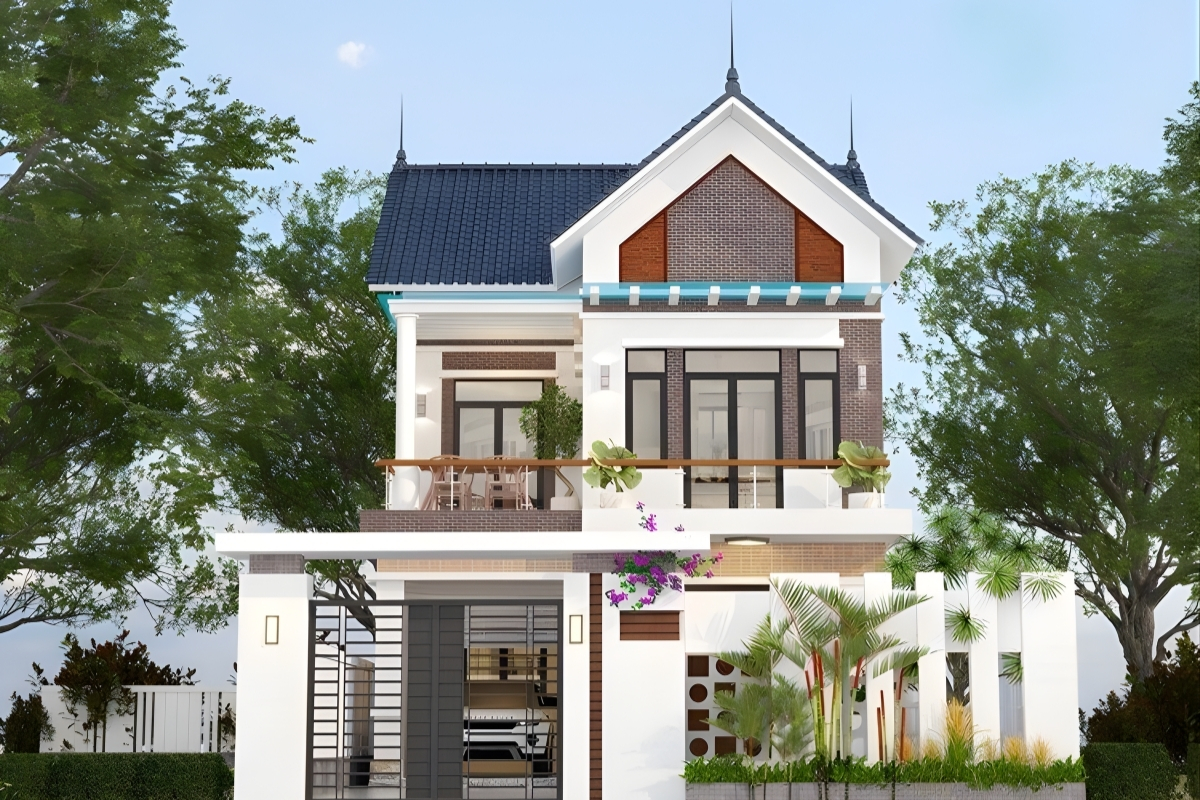30+ Mẫu thiết kế nhà 2 tầng mái thái hiện đại, sang trọng 2026 14 Thiết kế nhà 2 tầng mái Thái có gara ô tô (Ảnh: Sưu tầm)