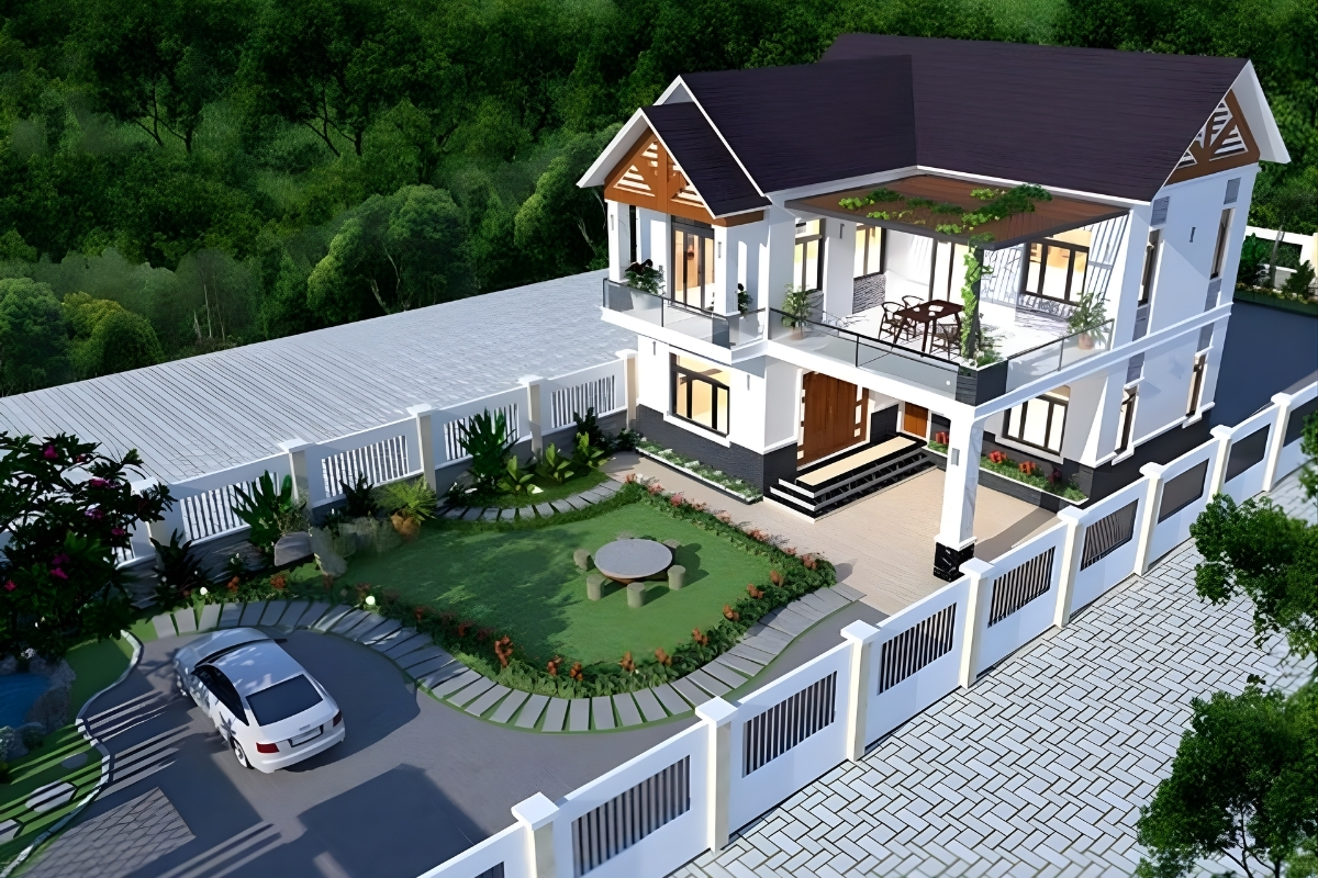 30+ Mẫu thiết kế nhà 2 tầng mái thái hiện đại, sang trọng 2026 16 Thiết kế nhà 2 tầng mái Thái có khu BBQ ngoài trời (Ảnh: Sưu tầm)