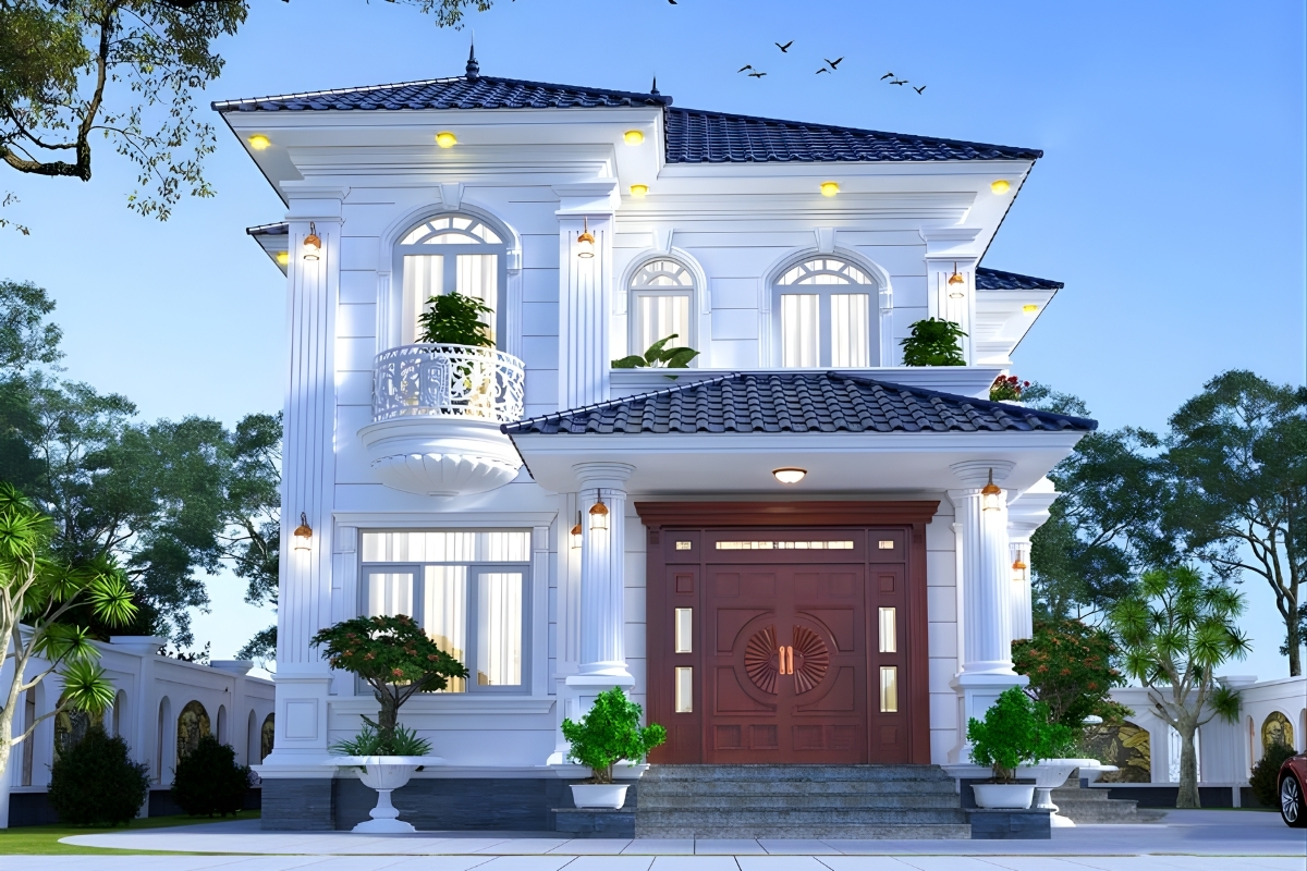 30+ Mẫu thiết kế nhà 2 tầng mái thái hiện đại, sang trọng 2026 10 Thiết kế nhà 2 tầng mái Thái tân cổ điển (Ảnh: Sưu tầm)