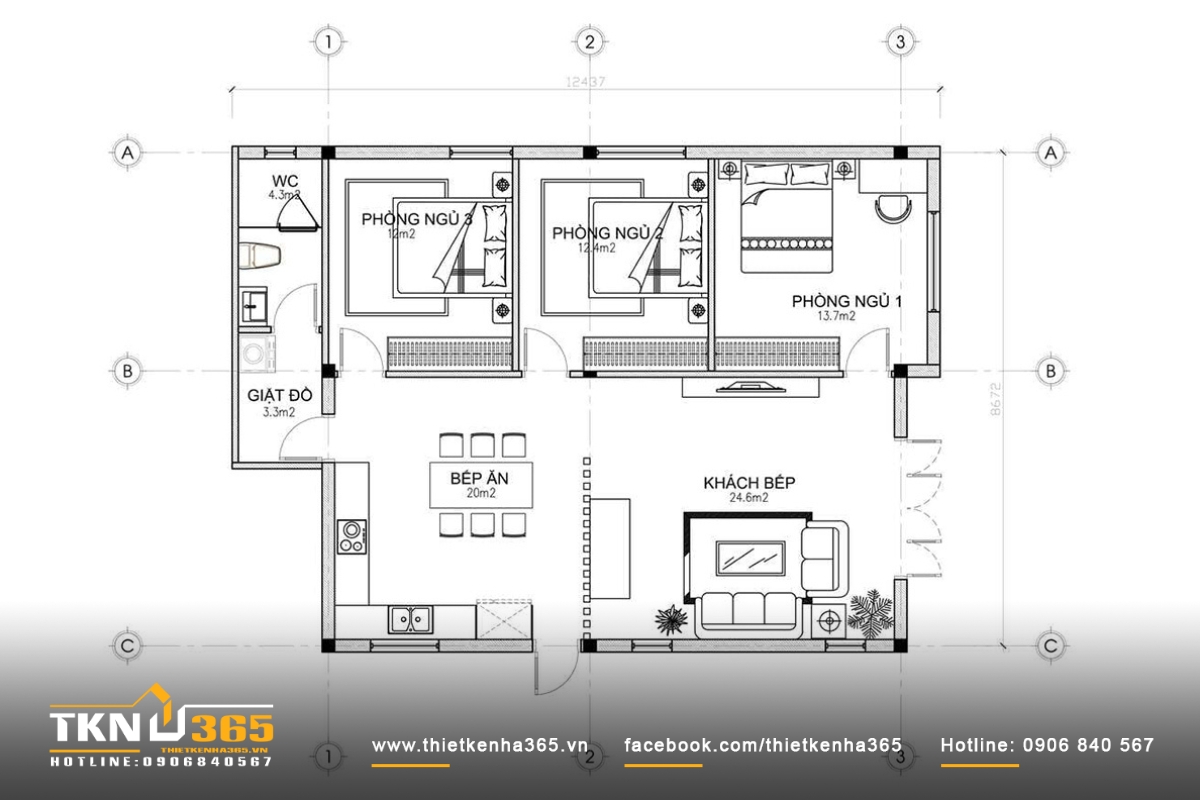 Bản vẽ biệt thự 1 tầng 3 phòng ngủ mái bằng