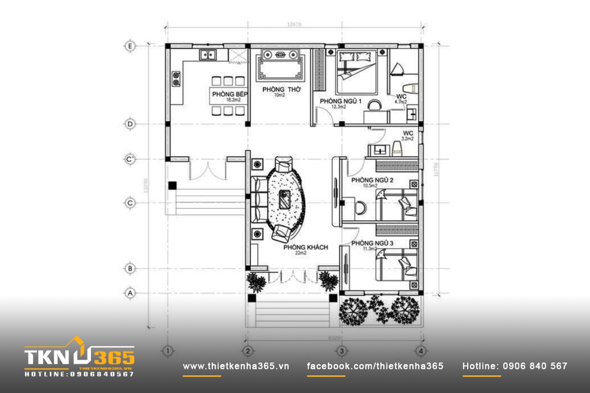 Bản vẽ biệt thự 1 tầng 3 phòng ngủ chữ L