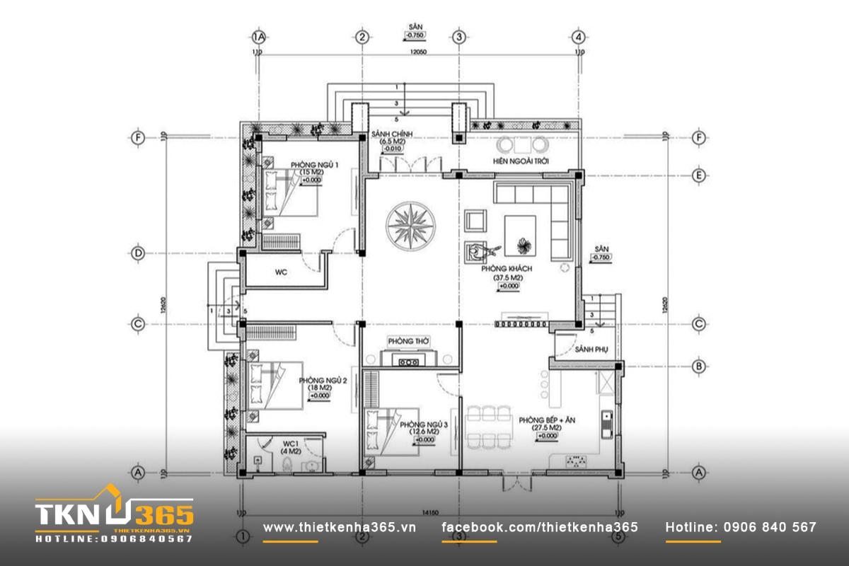 Bản vẽ chi tiết biệt thự 1 tầng 3 phòng ngủ có vườn