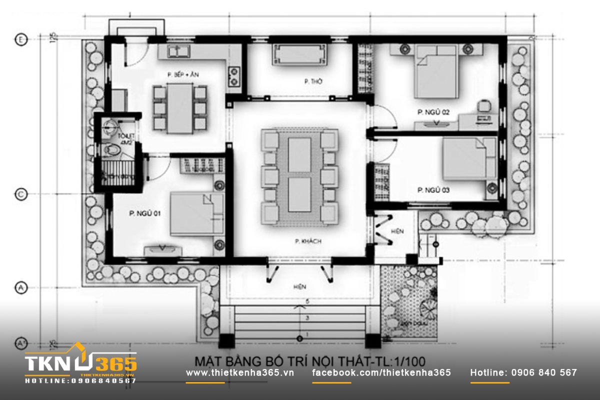 Bản vẽ chi tiết biệt thự 1 tầng 3 phòng ngủ châu âu