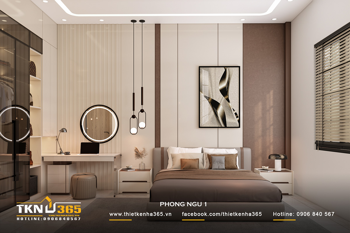 Nhà phố 1 trệt 1 lầu tại Trà Vinh - lời giải ấn tượng cho bài toán không gian vừa ở vừa kết hợp kinh doanh 7 Phòng ngủ ấm áp nhờ sử dụng gam màu be - nâu, kết hợp đèn thả trần sang trọng, tinh tế