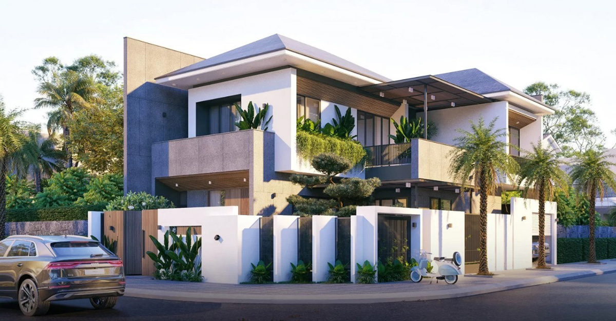 8+ Mẫu Thiết kế biệt thự 300m2 đẹp: Sang trọng, đẳng cấp và chuẩn phong thủy 20 Thiết kế mái dốc nhẹ với độ vươn vừa phải giúp công trình vừa bề thế, vừa mềm mại, đồng thời đảm bảo khả năng thoát nước và chống nóng tối ưu trong khí hậu Việt Nam.