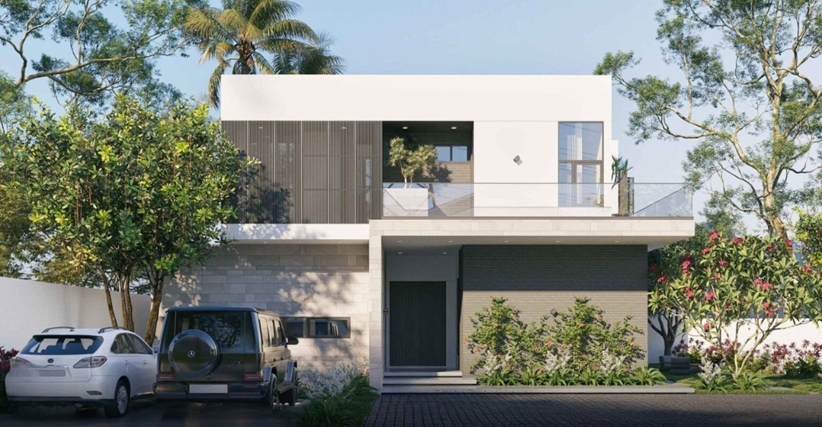 8+ Mẫu Thiết kế biệt thự 300m2 đẹp: Sang trọng, đẳng cấp và chuẩn phong thủy 29 Thiết kế hiện đại với khối kiến trúc vuông vức, kết hợp cùng hệ lam gỗ và mảng tường ốp đá tạo nên vẻ ngoài sang trọng, riêng tư.