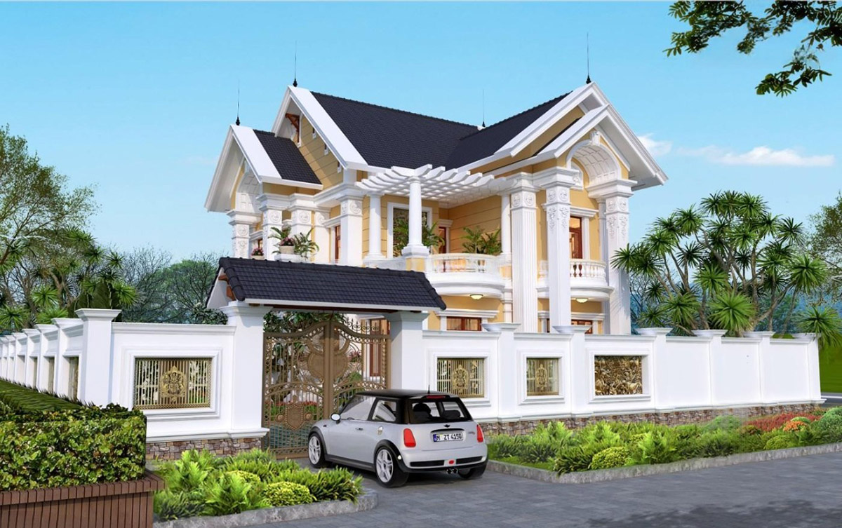 Mẫu biệt thự 2 tầng cổ điển kết hợp với mái Thái hiện đại, tạo nên một công trình sang trọng và thanh thoát.