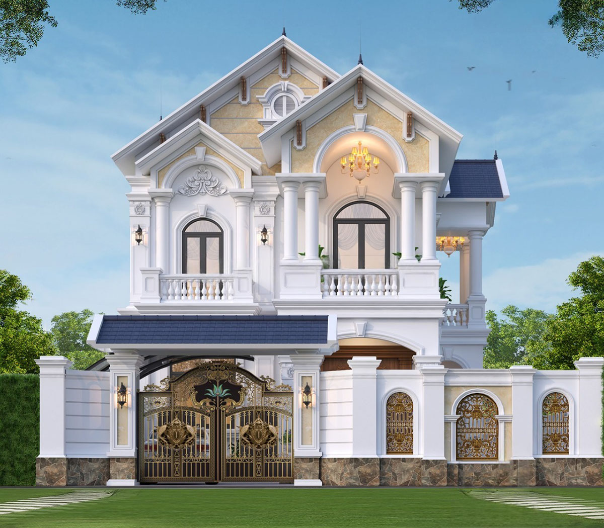 Mẫu biệt thự 2 tầng tân cổ điển mái Thái được thiết kế để mang đến sự kết hợp hoàn hảo giữa phong cách cổ điển và hiện đại, tạo nên một công trình sang trọng, tinh tế.