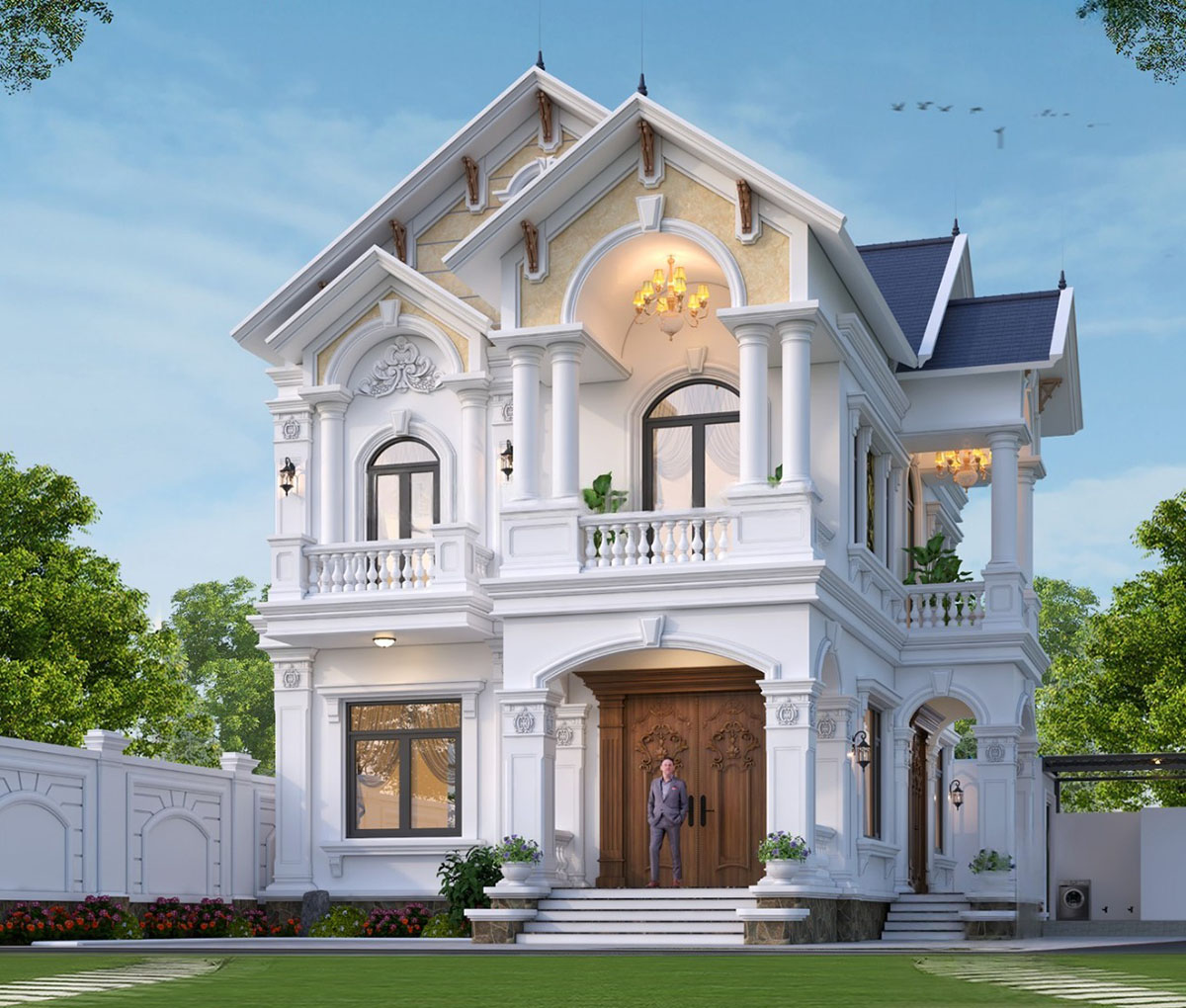 Ngôi nhà có mặt tiền rộng và chiều sâu hợp lý, được bao quanh bởi sân vườn và hệ thống cổng tường rào kiên cố, vừa đảm bảo tính thẩm mỹ, vừa bảo vệ sự an toàn cho gia đình.