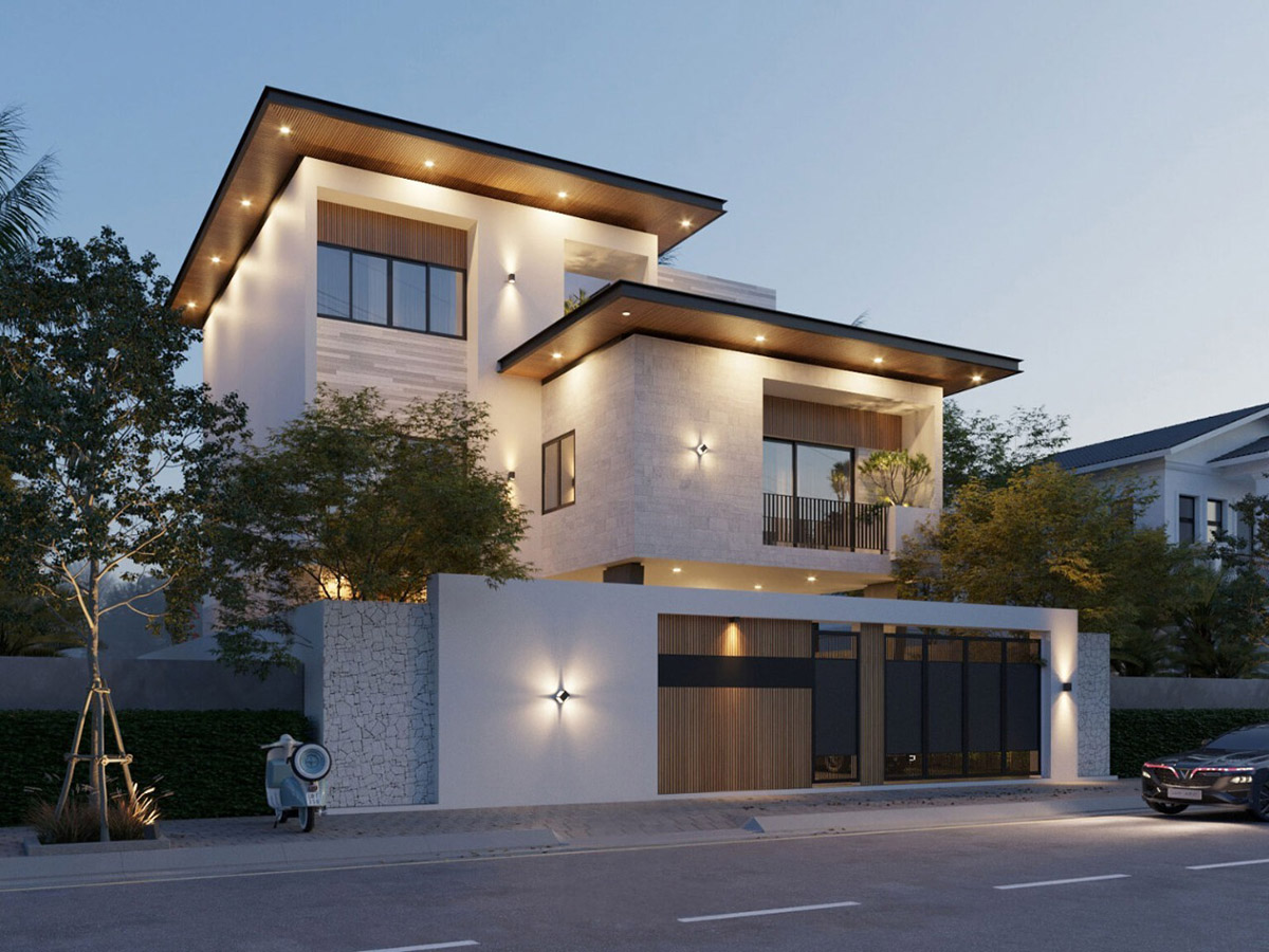 8+ Mẫu Thiết kế biệt thự 300m2 đẹp: Sang trọng, đẳng cấp và chuẩn phong thủy 11 Gam màu trắng – xám kết hợp cùng vật liệu kính và đá ốp giúp công trình toát lên vẻ đẹp thanh lịch, bền vững theo thời gian.