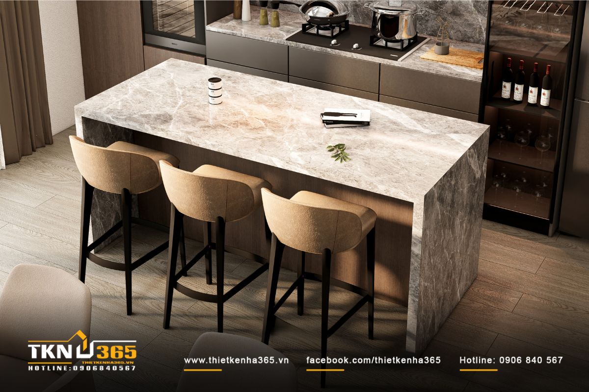 Biệt thự 3 tầng hiện đại phủ xanh mặt tiền, xua tan nắng nóng khắc nghiệt 18 Đảo bếp ốp đá vân mây là khu vực chuẩn bị món ăn, đồng thời là bàn bar tiện dụng kết nối không gian