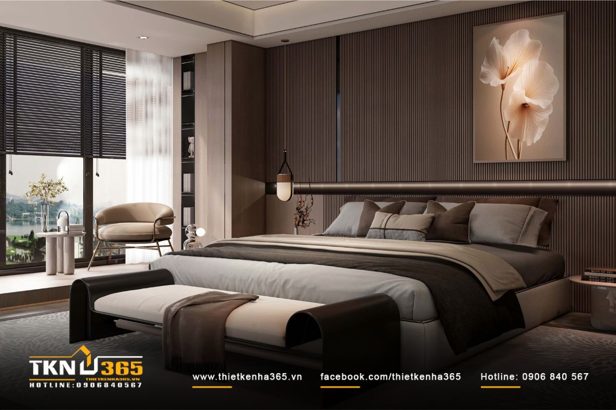 Biệt thự 3 tầng hiện đại phủ xanh mặt tiền, xua tan nắng nóng khắc nghiệt 22 Phòng ngủ master phối màu nâu và be ấm áp, mang đến cảm giác thư giãn và sang trọng