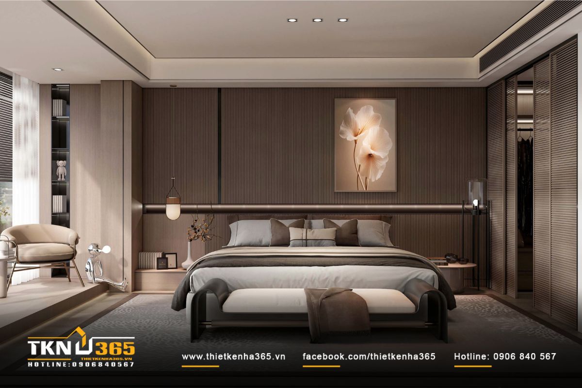 Biệt thự 3 tầng hiện đại phủ xanh mặt tiền, xua tan nắng nóng khắc nghiệt 23 Tường đầu giường ốp gỗ kết hợp tranh trang trí lớn, tạo điểm nhấn tinh tế và cân bằng thị giác