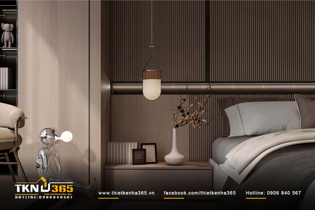 Biệt thự 3 tầng hiện đại phủ xanh mặt tiền, xua tan nắng nóng khắc nghiệt 25 Ánh sáng vàng ấm áp từ đèn thả đầu giường giúp thiết kế nội thất phòng ngủ nổi bật và thu hút hơn