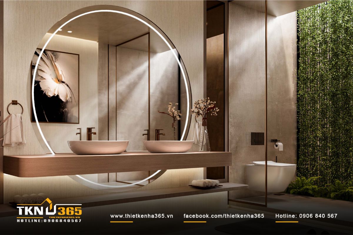 Biệt thự 3 tầng hiện đại phủ xanh mặt tiền, xua tan nắng nóng khắc nghiệt 28 Phòng tắm thiết kế như spa tại gia với lavabo đôi và gương tròn lớn có đèn viền chiếu sáng mềm mại