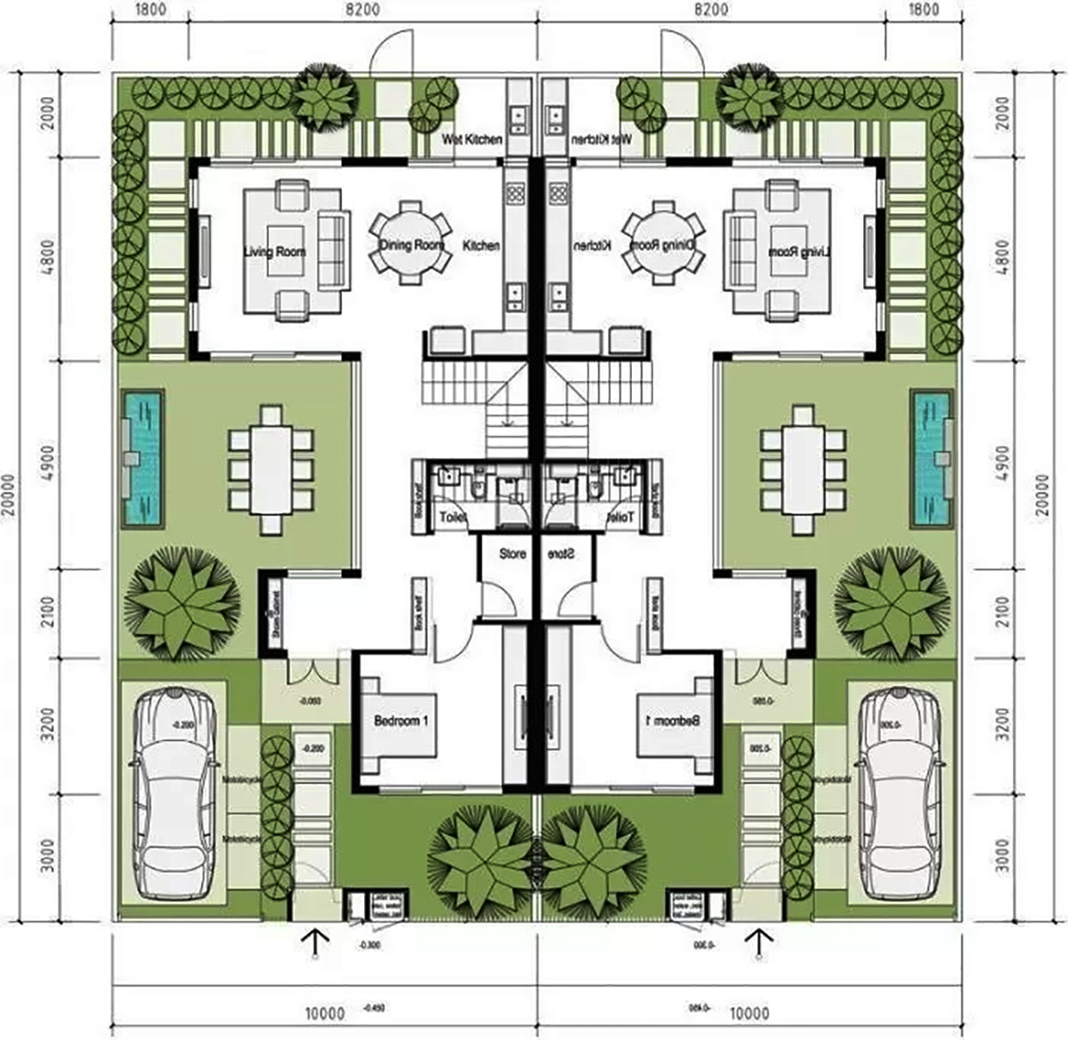 7+ mẫu biệt thự song lập: thiết kế hiện đại & ấn tượng 2026 9 Bản vẽ mẫu biệt thự song lập sân vườn