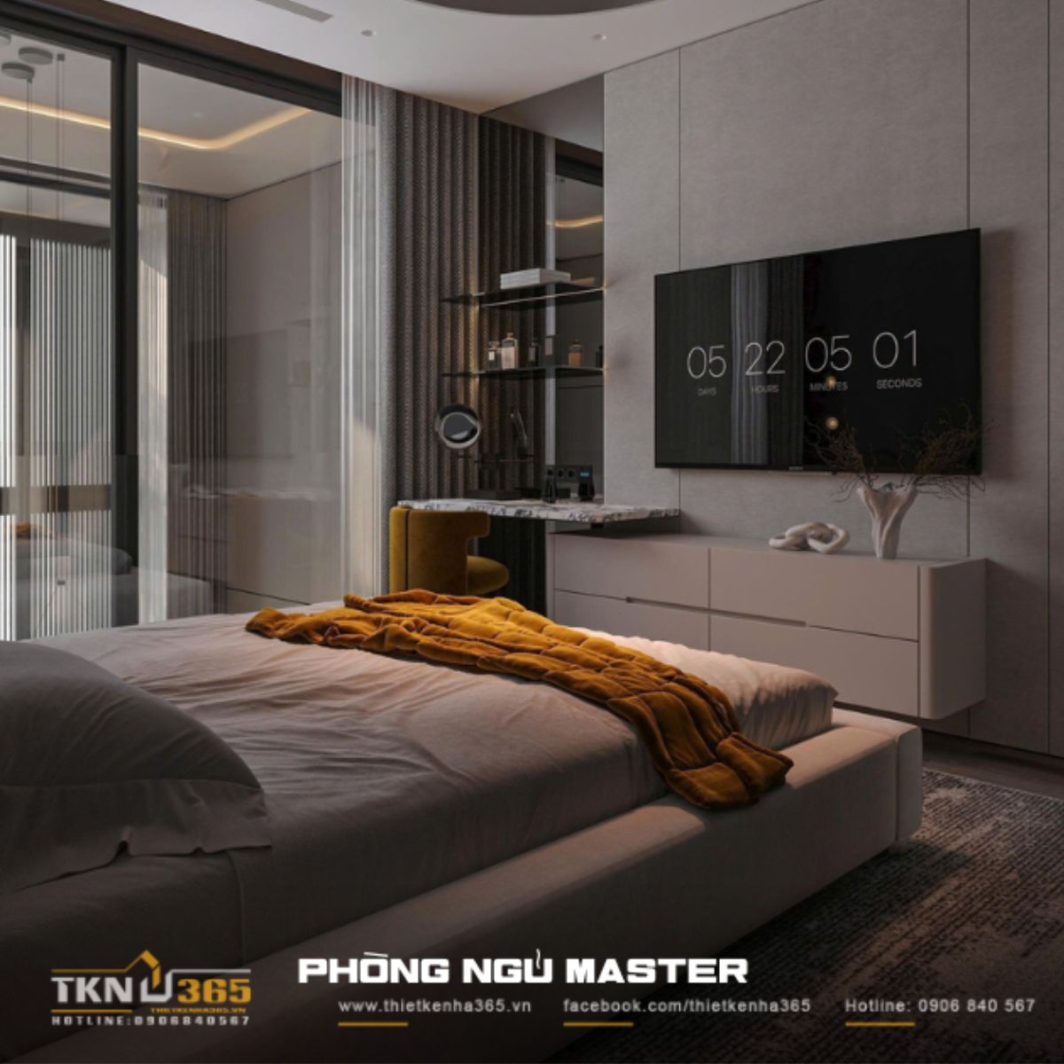 Thiết kế mở - “Chìa khóa” mang nắng gió vào nhà phố 4 tầng 27 Phòng ngủ master đặt thêm tivi để gia chủ thoải mái thư giãn vào ban đêm