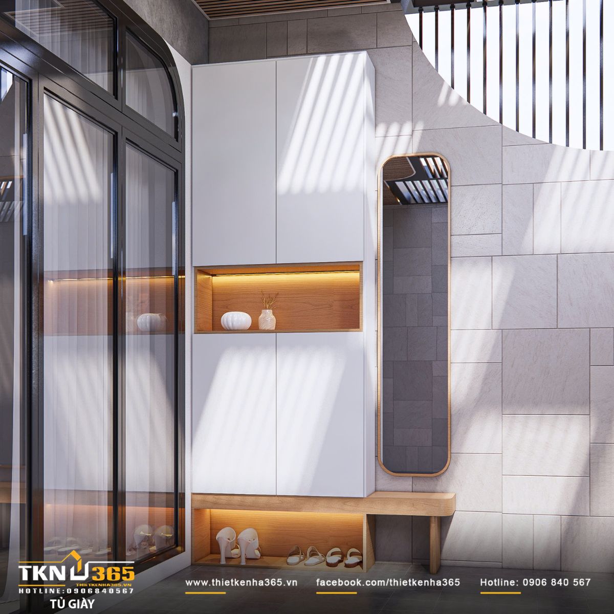Thiết kế nội thất nhà phố 2 tầng ở Bình Dương: Gọn gàng và đủ đầy 1 Tủ giày thiết kế liền bệ ngồi và gương đứng, gọn gàng mà tiện dụng ngay lối vào