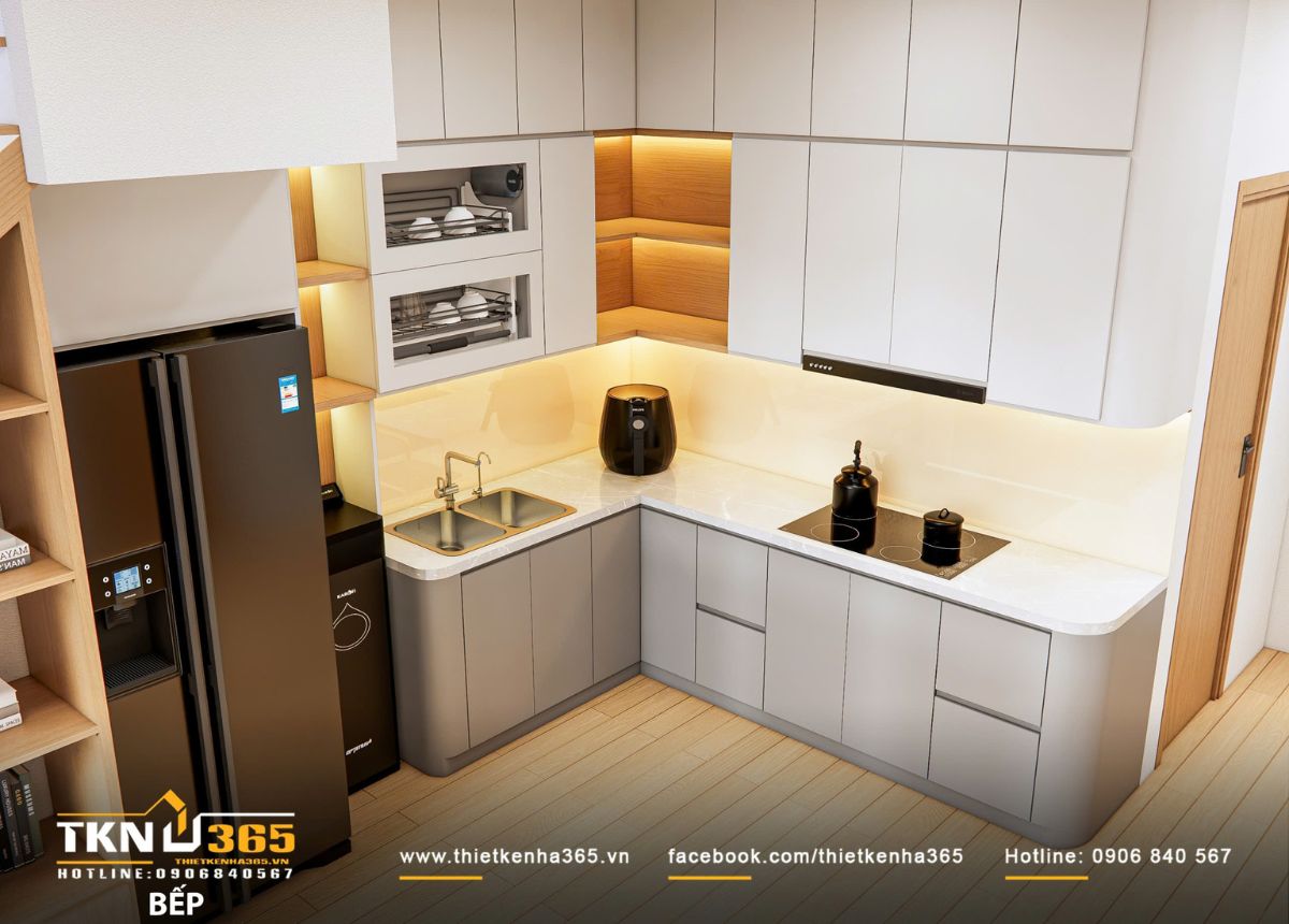 Thiết kế nội thất nhà phố 2 tầng ở Bình Dương: Gọn gàng và đủ đầy 10 Mặt bàn bếp bo tròn mềm mại, đảm bảo an toàn khi di chuyển trong không gian nhỏ