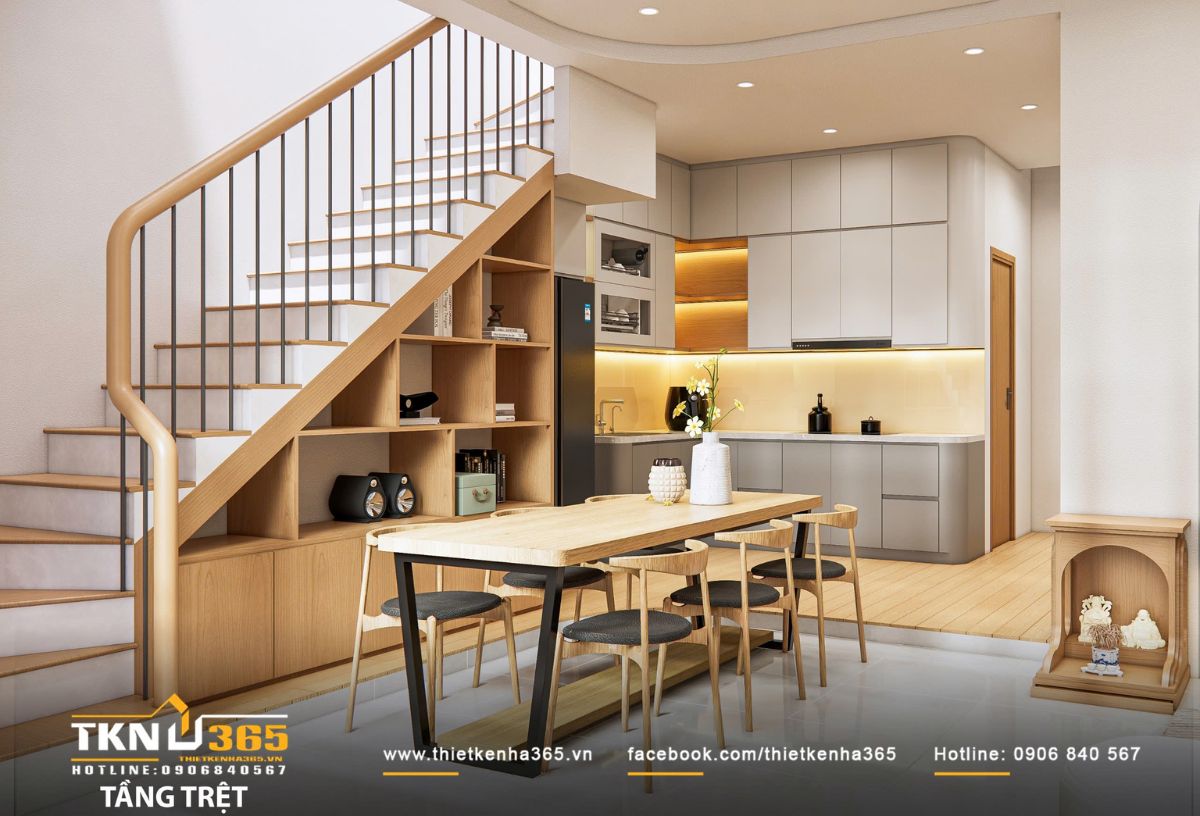 Thiết kế nội thất nhà phố 2 tầng ở Bình Dương: Gọn gàng và đủ đầy 11 Kệ gỗ dưới cầu thang tận dụng tối đa diện tích, vừa lưu trữ vừa trang trí