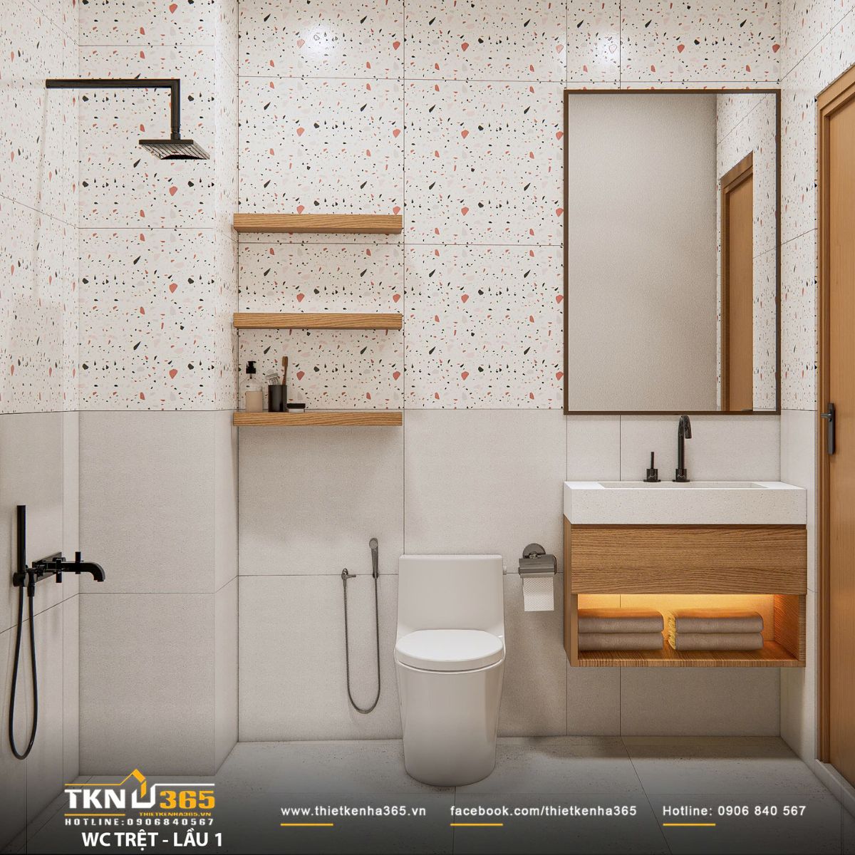 Thiết kế nội thất nhà phố 2 tầng ở Bình Dương: Gọn gàng và đủ đầy 12 Phòng vệ sinh lát gạch terrazzo sáng, điểm nhấn phụ kiện đen mờ và kệ gỗ treo giữ không gian sạch sẽ, tinh tế