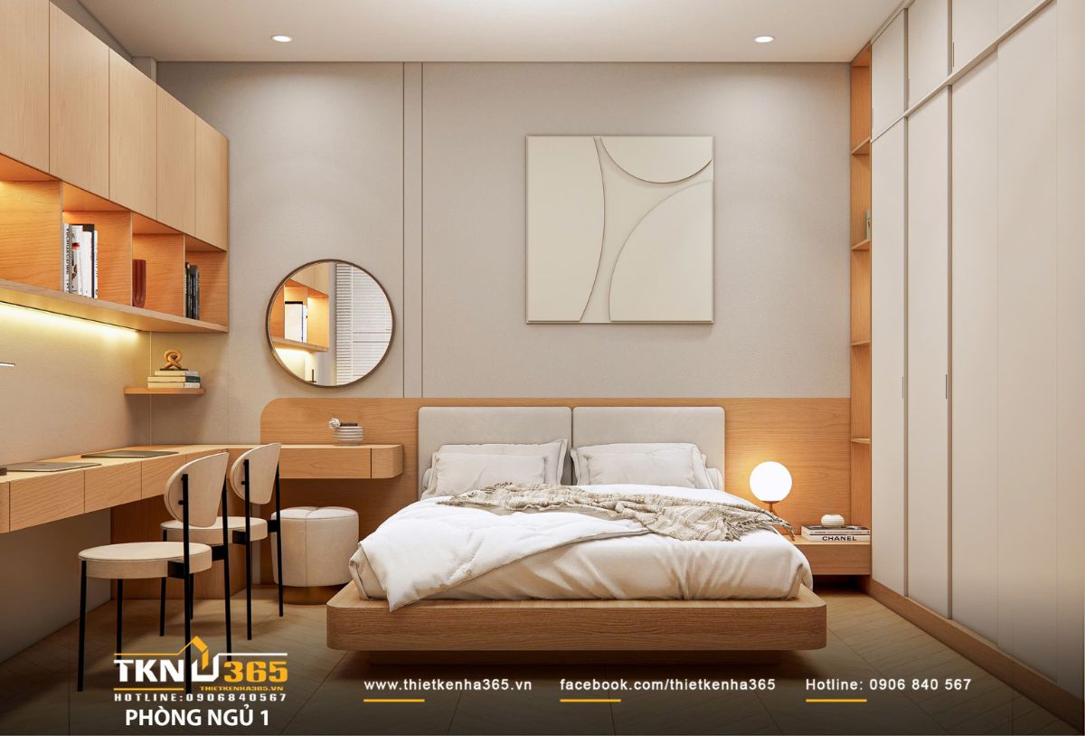 Thiết kế nội thất nhà phố 2 tầng ở Bình Dương: Gọn gàng và đủ đầy 13 Phòng ngủ chính dùng tông be và gỗ sáng, gợi cảm giác ấm áp và cân bằng