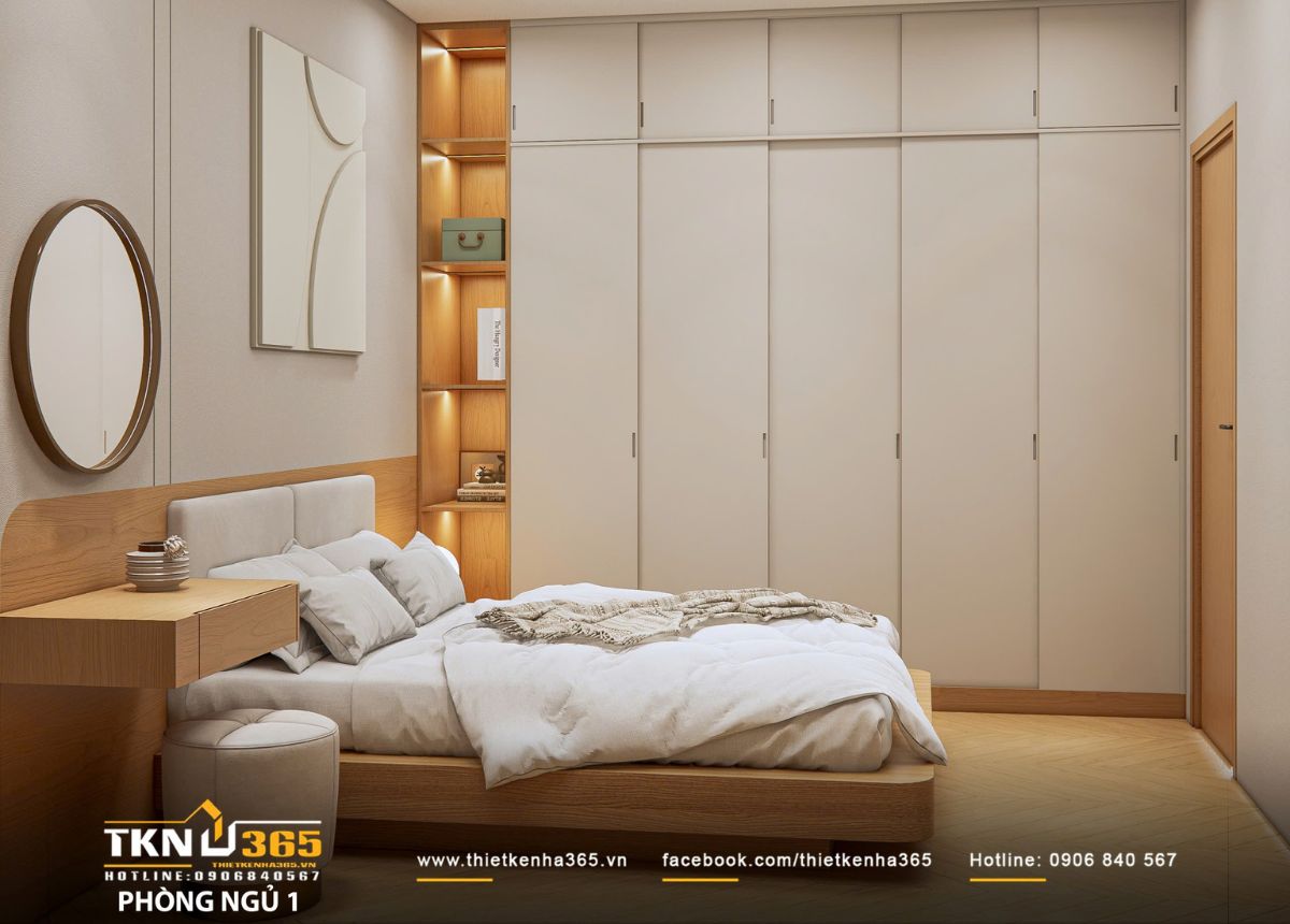 Thiết kế nội thất nhà phố 2 tầng ở Bình Dương: Gọn gàng và đủ đầy 16 Hệ tủ quần áo cao kịch trần và kệ góc mở tối ưu lưu trữ, giữ không gian gọn gàng