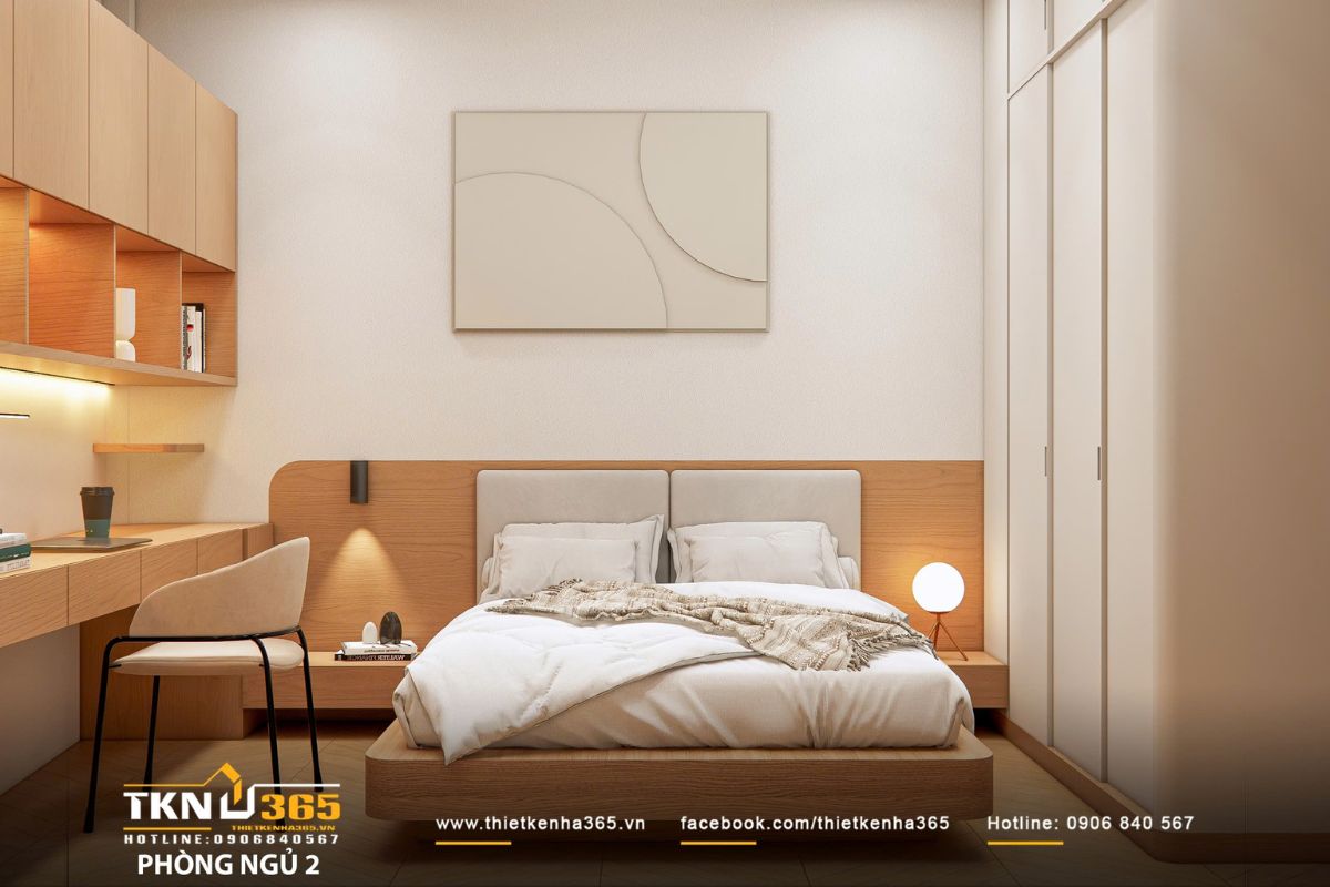 Thiết kế nội thất nhà phố 2 tầng ở Bình Dương: Gọn gàng và đủ đầy 17 Phòng ngủ thứ hai sử dụng tông màu be và gỗ sáng, giữ vẻ trang nhã và cân bằng