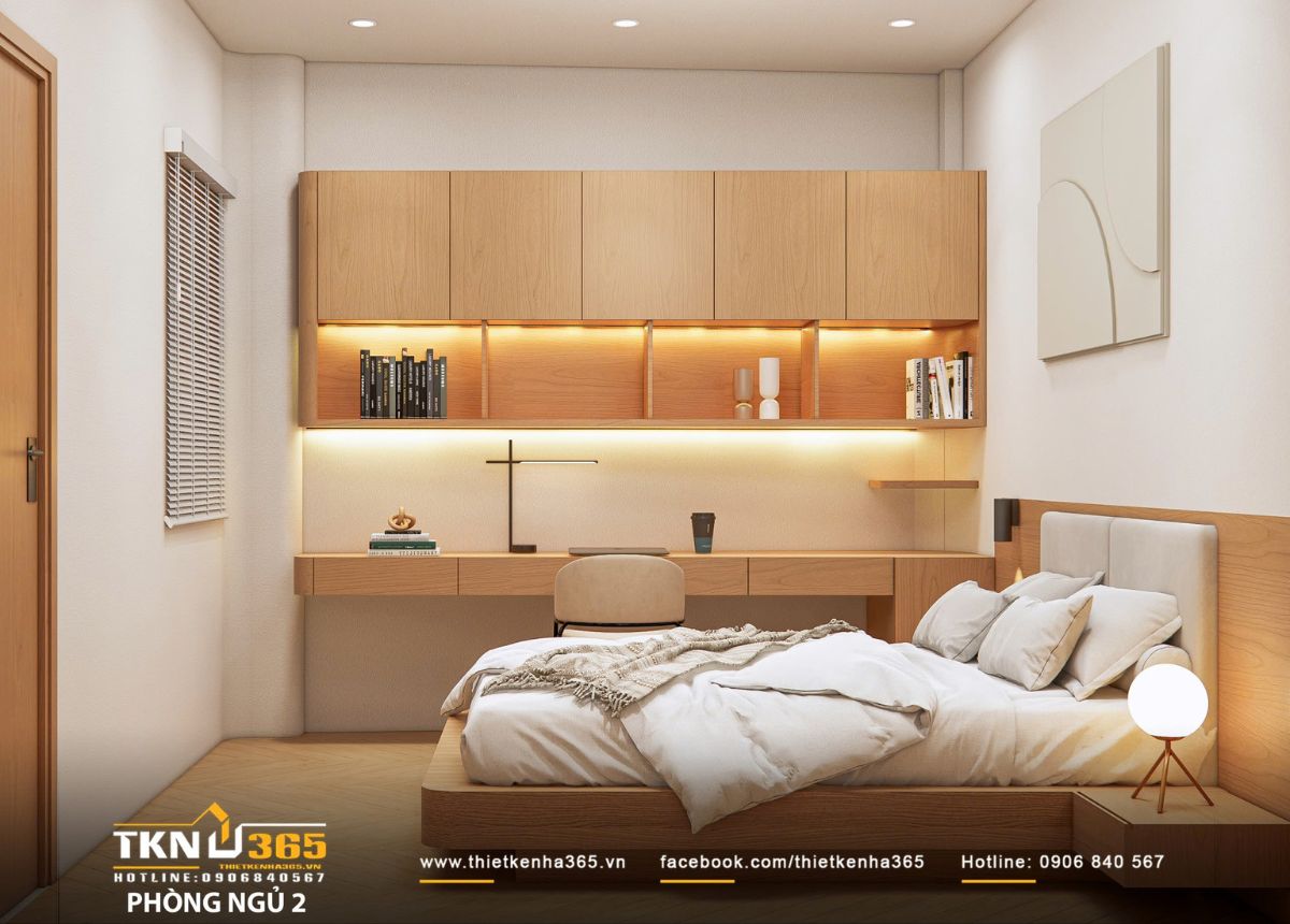 Thiết kế nội thất nhà phố 2 tầng ở Bình Dương: Gọn gàng và đủ đầy 18 Bàn làm việc liền kệ treo có đèn hắt nhẹ tiện dụng, đồng thời tạo điểm sáng cho không gian