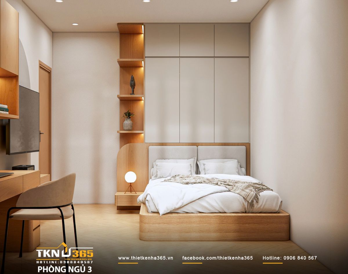 Thiết kế nội thất nhà phố 2 tầng ở Bình Dương: Gọn gàng và đủ đầy 21 Kệ mở đầu giường tạo điểm nhấn ánh sáng hắt ấm áp để trưng bày đồ decor tinh tế
