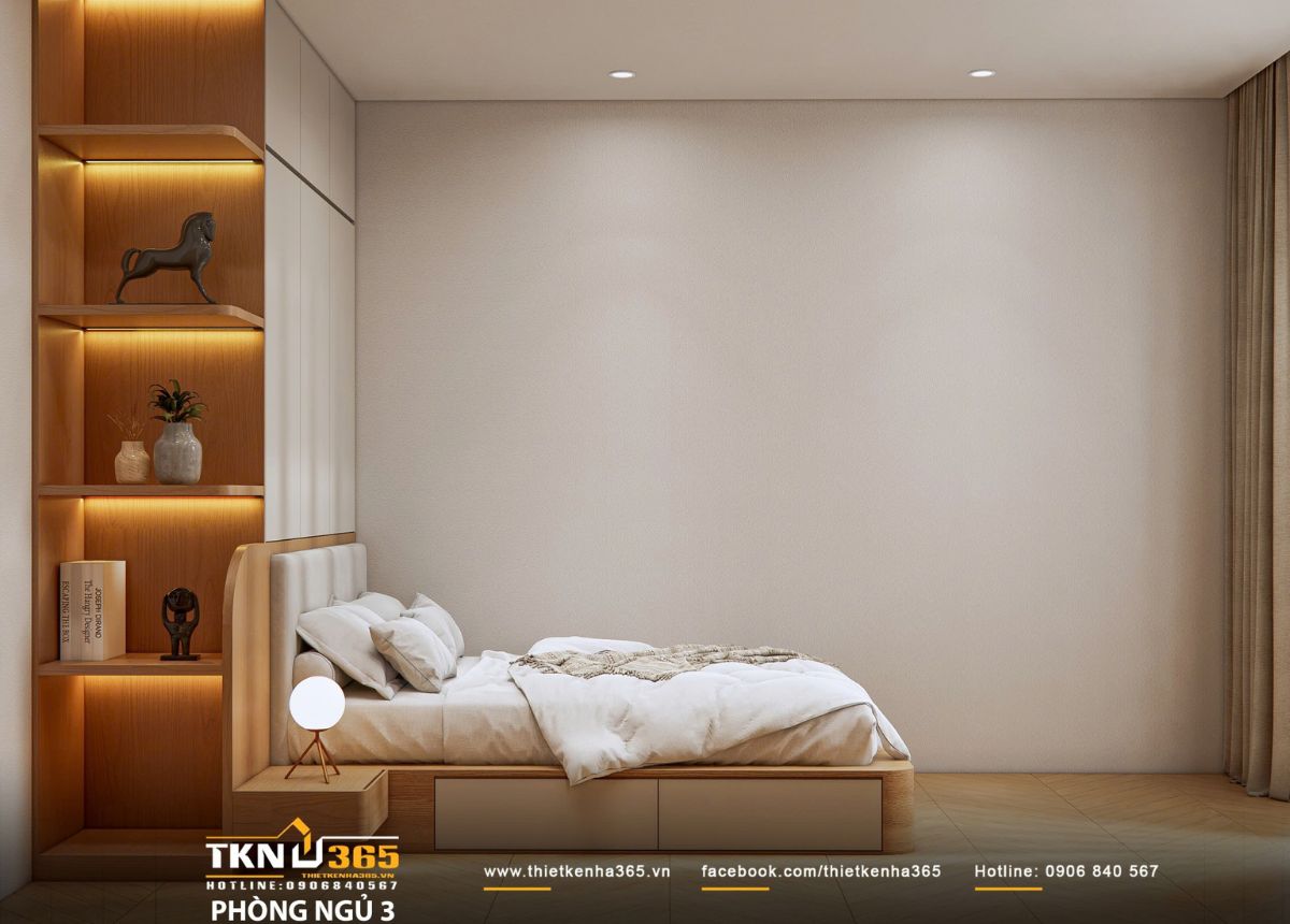 Thiết kế nội thất nhà phố 2 tầng ở Bình Dương: Gọn gàng và đủ đầy 22 Phòng ngủ thứ ba bố trí giường bệt có hộc kéo, tiện cho việc cất chăn gối theo mùa