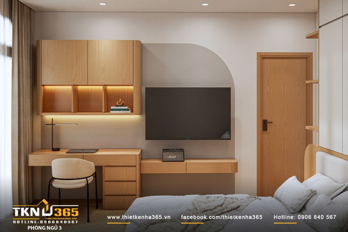 Thiết kế nội thất nhà phố 2 tầng ở Bình Dương: Gọn gàng và đủ đầy 23 Bàn học - làm việc kết hợp kệ treo gỗ sáng, mang lại cảm giác ấm áp và hiện đại