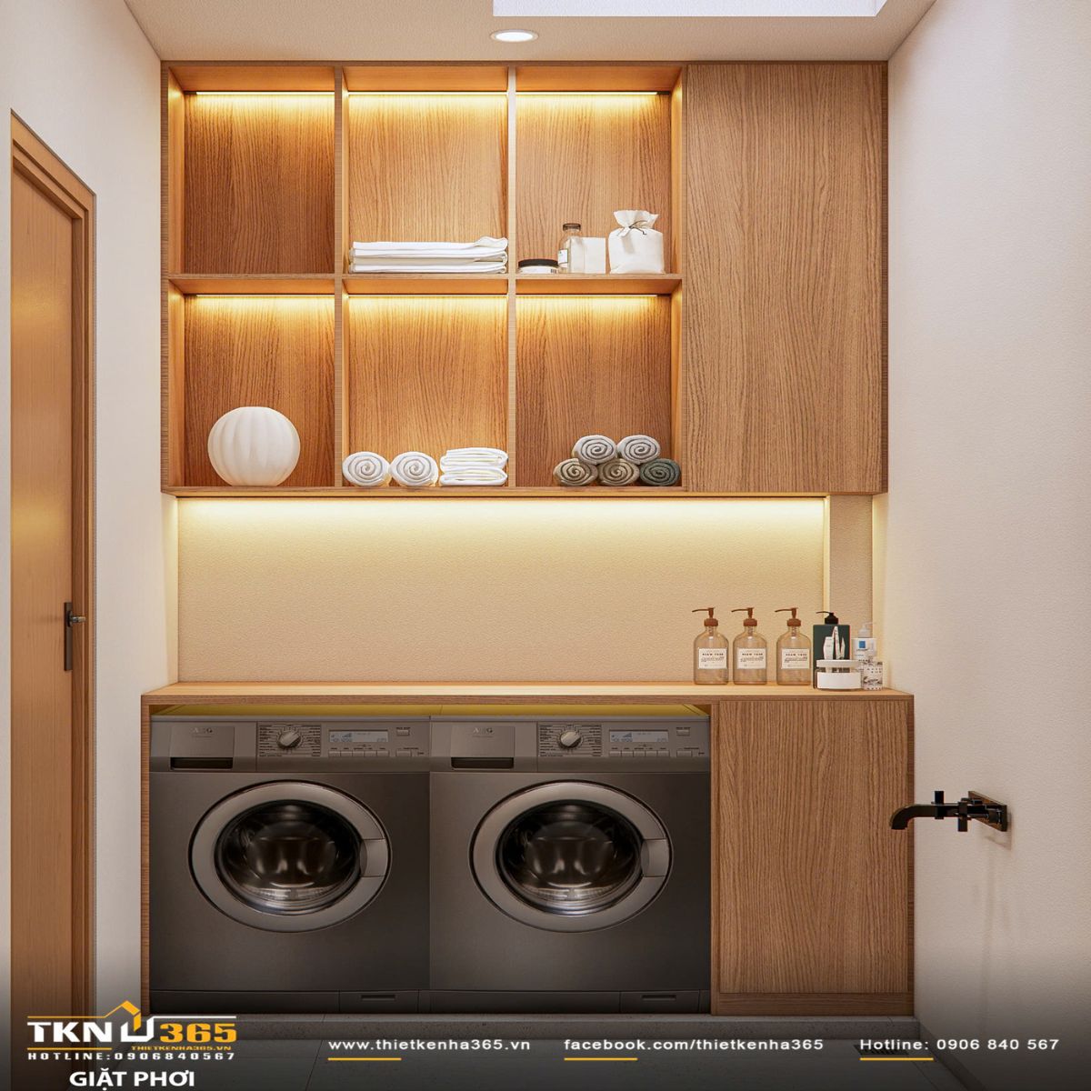 Thiết kế nội thất nhà phố 2 tầng ở Bình Dương: Gọn gàng và đủ đầy 24 Khu vực giặt phơi bố trí máy giặt và máy sấy song song dưới hệ tủ gỗ tiện dụng