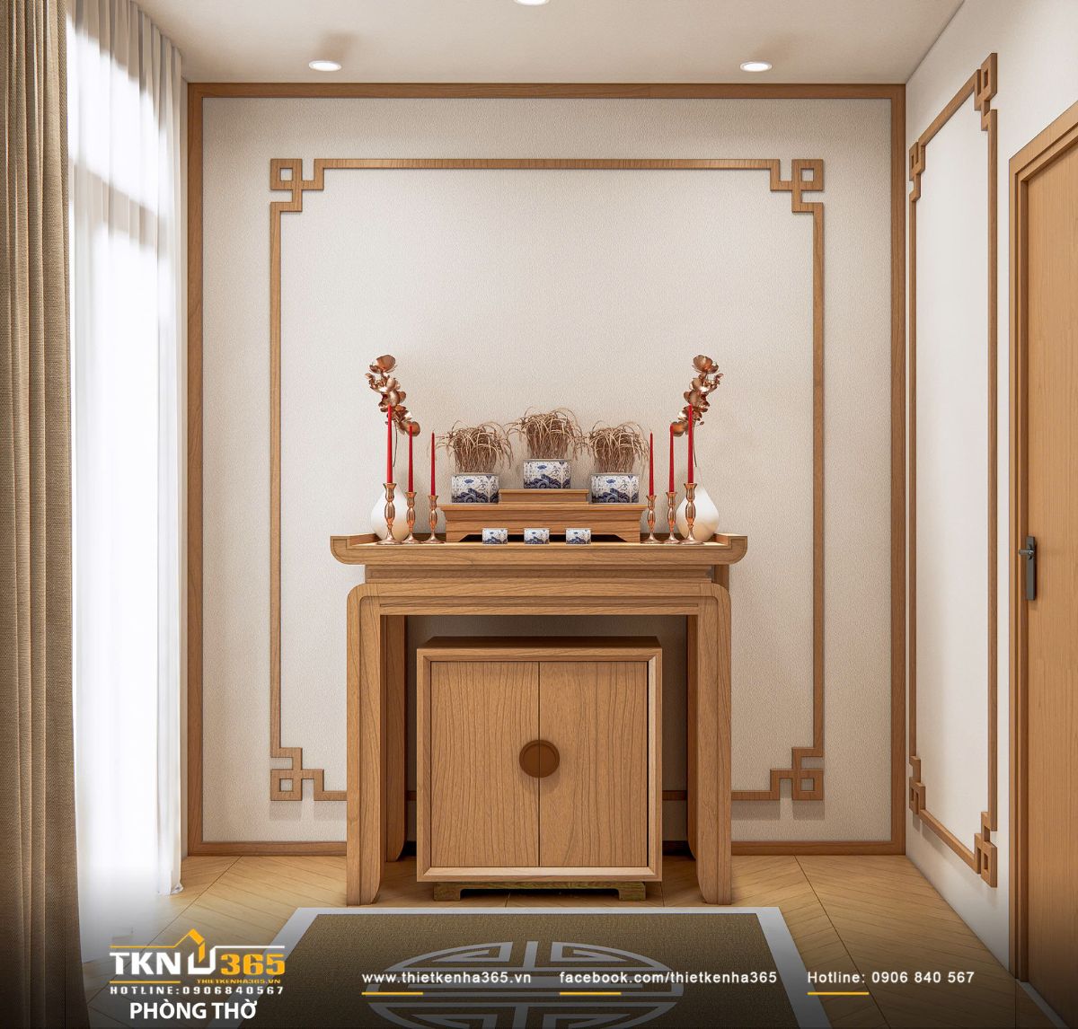Thiết kế nội thất nhà phố 2 tầng ở Bình Dương: Gọn gàng và đủ đầy 26 Phòng thờ sử dụng gỗ tự nhiên mộc mạc, kết hợp đường diềm vuông giữ nét truyền thống