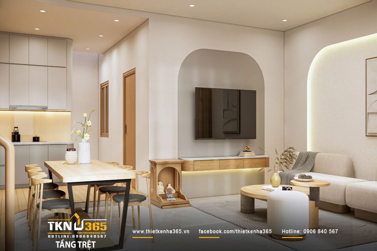 Thiết kế nội thất nhà phố 2 tầng ở Bình Dương: Gọn gàng và đủ đầy 4 Không gian phòng khách - bếp - ăn liên thông, tông màu be giữ sự hài hòa xuyên suốt