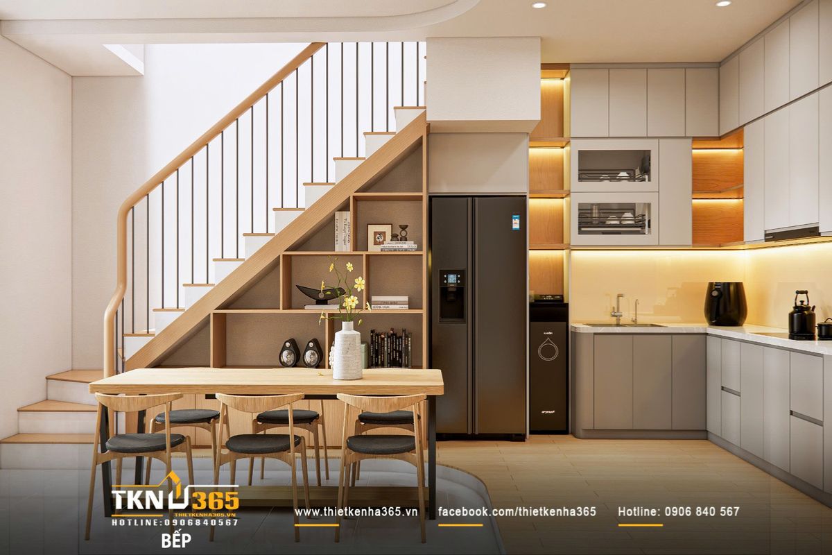 Thiết kế nội thất nhà phố 2 tầng ở Bình Dương: Gọn gàng và đủ đầy 6 Bếp chữ L gọn gàng, tối ưu tam giác công năng giữa tủ lạnh - chậu rửa - bếp nấu