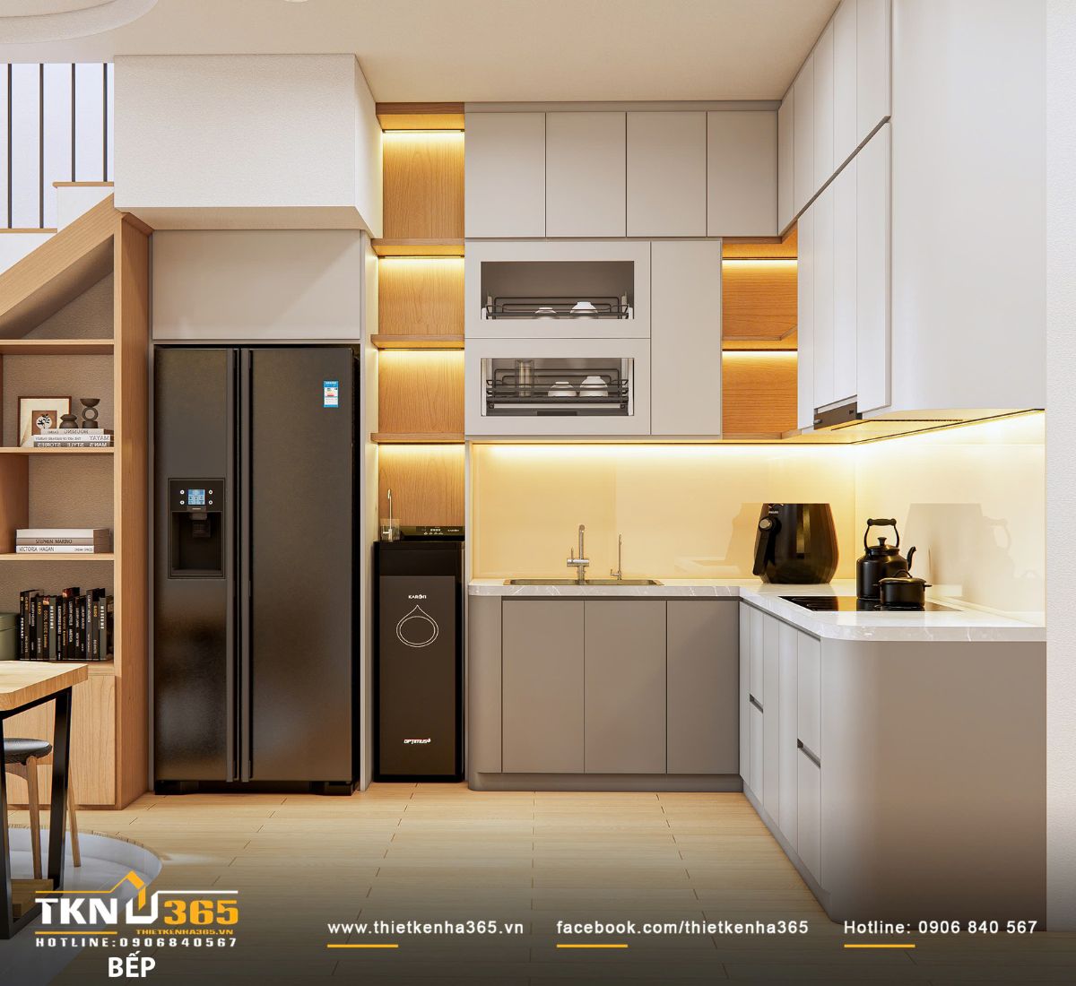 Thiết kế nội thất nhà phố 2 tầng ở Bình Dương: Gọn gàng và đủ đầy 8 Hệ tủ bếp trên tích hợp kệ úp chén nâng hạ tiện lợi và ánh sáng đèn LED giấu tinh tế