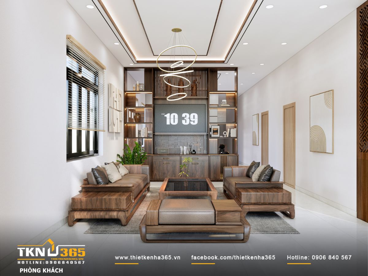 Thiết kế nội thất T’S House - Tối ưu công năng cho người lớn tuổi trong không gian mộc mạc 1 Phòng khách T’S House bố trí bộ sofa gỗ nguyên khối bo cong mềm mại, kết hợp hệ tủ trang trí cao kịch trần gọn gàng và sang trọng
