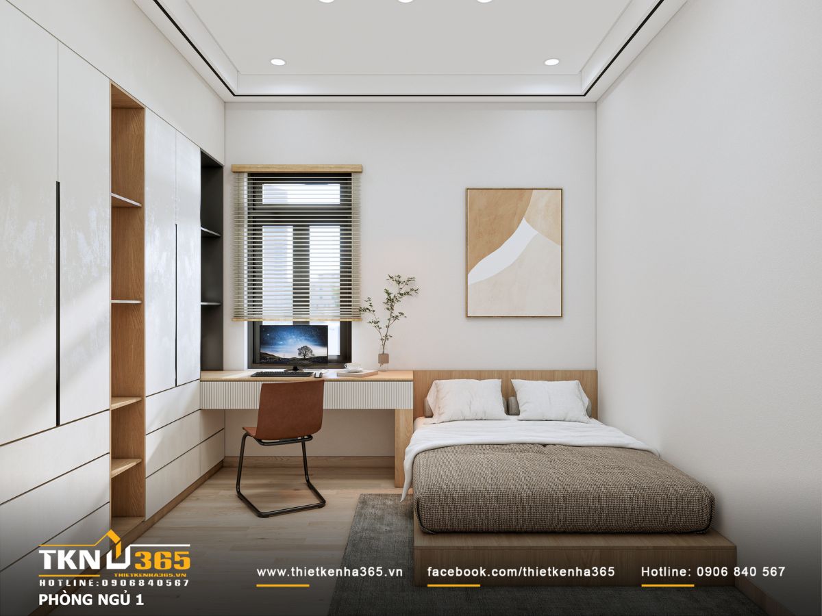 Thiết kế nội thất T’S House - Tối ưu công năng cho người lớn tuổi trong không gian mộc mạc 11 Giường gỗ hộp đơn giản, màu sắc trung tính kết hợp tranh treo tường và cây xanh giúp không gian nhẹ nhàng, dễ chịu cho mọi thành viên