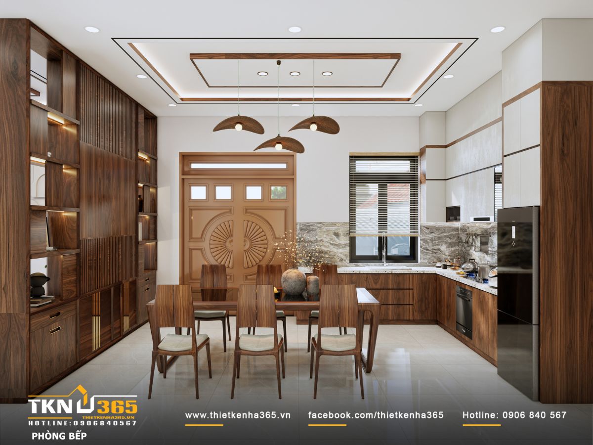 Thiết kế nội thất T’S House - Tối ưu công năng cho người lớn tuổi trong không gian mộc mạc 3 Không gian bếp - ăn liền mạch phòng khách, tủ bếp chữ L kết hợp đá ốp vân xám giúp khu vực nấu nướng gọn gàng, thoáng và dễ sử dụng cho ba mẹ