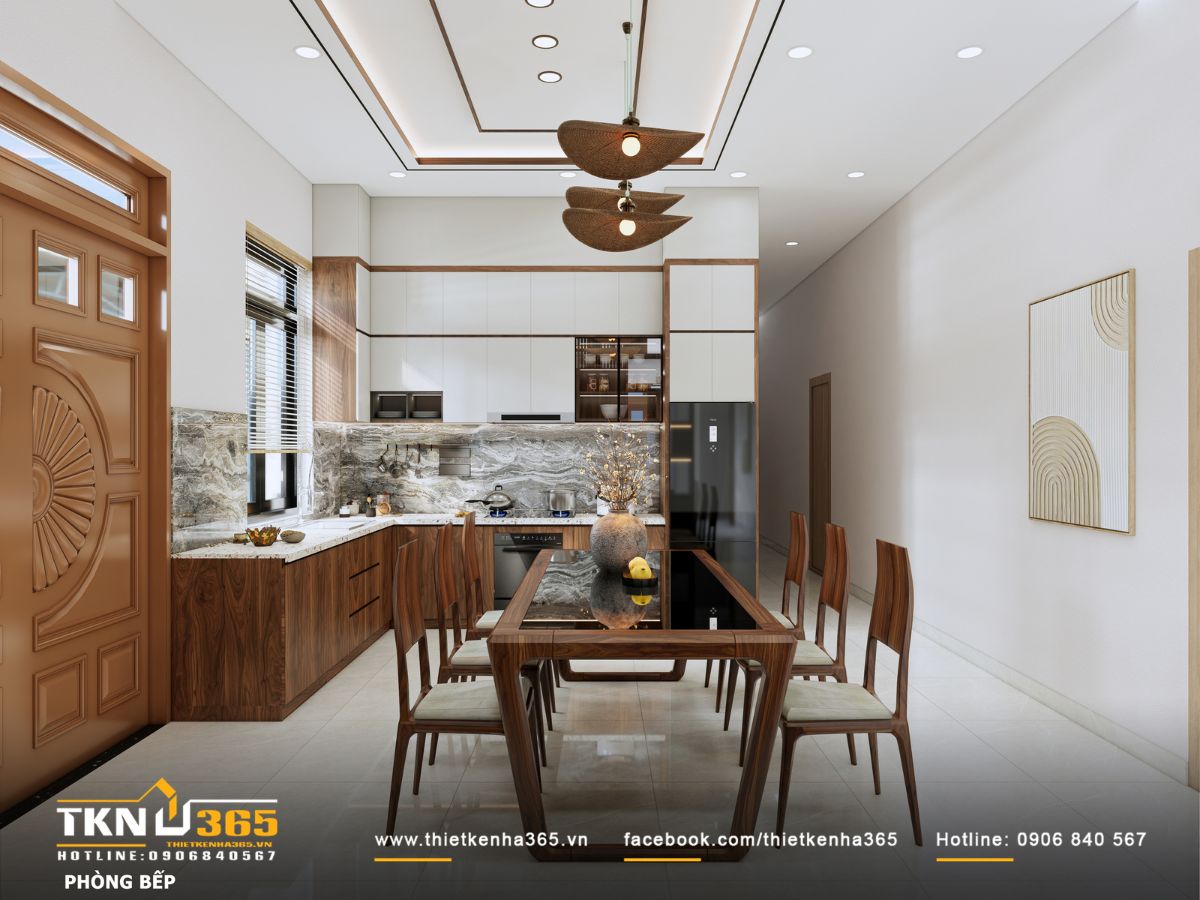Thiết kế nội thất T’S House - Tối ưu công năng cho người lớn tuổi trong không gian mộc mạc 4 Bàn ăn gỗ đặt giữa trung tâm, bên trên là bộ đèn mây đan tinh giản mang hơi thở miền Tây