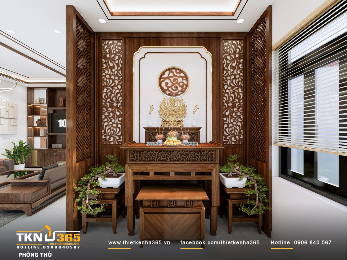 Thiết kế nội thất T’S House - Tối ưu công năng cho người lớn tuổi trong không gian mộc mạc 5 Bàn thờ gỗ chạm khắc tinh xảo, vách lam CNC hai bên và hai chậu bonsai bố trí cân bằng, giữ bầu không khí linh thiêng mà vẫn hài hòa và ấm cúng