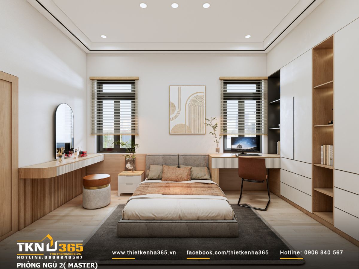 Thiết kế nội thất T’S House - Tối ưu công năng cho người lớn tuổi trong không gian mộc mạc 6 Phòng ngủ master ưu tiên bảng màu trắng - be - nâu nhẹ, giường thấp bọc nệm xám, tạo không gian an toàn, ấm và dễ chịu cho ba mẹ