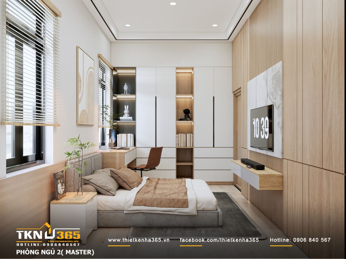 Thiết kế nội thất T’S House - Tối ưu công năng cho người lớn tuổi trong không gian mộc mạc 8 Mảng tường ốp gỗ chạy dọc kết hợp kệ tivi nổi giúp phòng ngủ cao và thoáng hơn, giữ được sự gọn gàng và ấm áp cần thiết