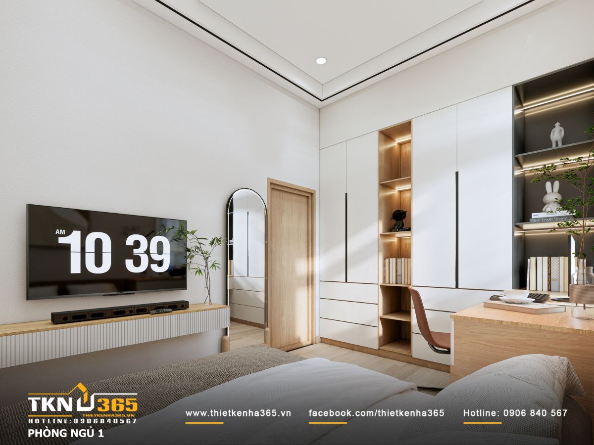 Thiết kế nội thất T’S House - Tối ưu công năng cho người lớn tuổi trong không gian mộc mạc 9 Phòng ngủ phụ gọn gàng với tủ quần áo âm tường cao kịch trần và các hộc mở làm kệ sách, đây là giải pháp lưu trữ tối ưu, hạn chế góc nhọn và dễ vệ sinh