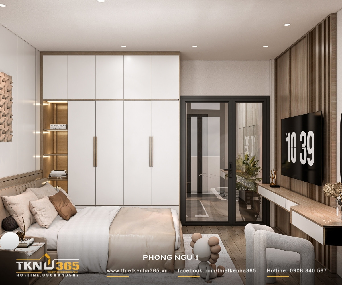 Nhà phố 5 tầng hiện đại ở quận 12 và cách giải quyết bài toán diện tích trên lô đất hẹp ngang 33 Bảng màu trắng - be - gỗ sáng giúp phòng ngủ giữ được độ sáng dịu và cảm giác thư giãn
