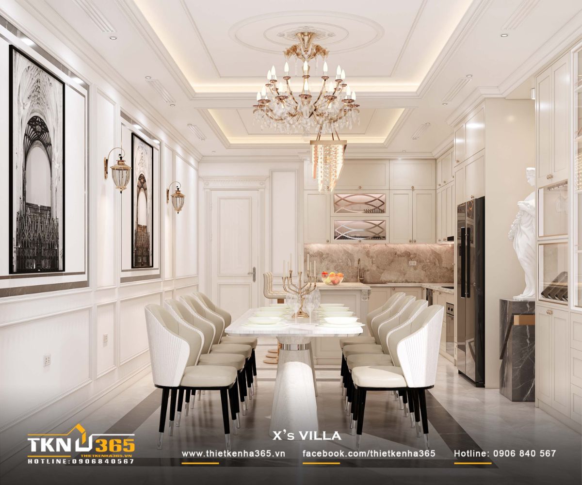 Không gian bếp và phòng ăn tổ chức theo trục thẳng, tạo cảm giác gọn gàng và thuận tiện trong quá trình sử dụng hàng ngày