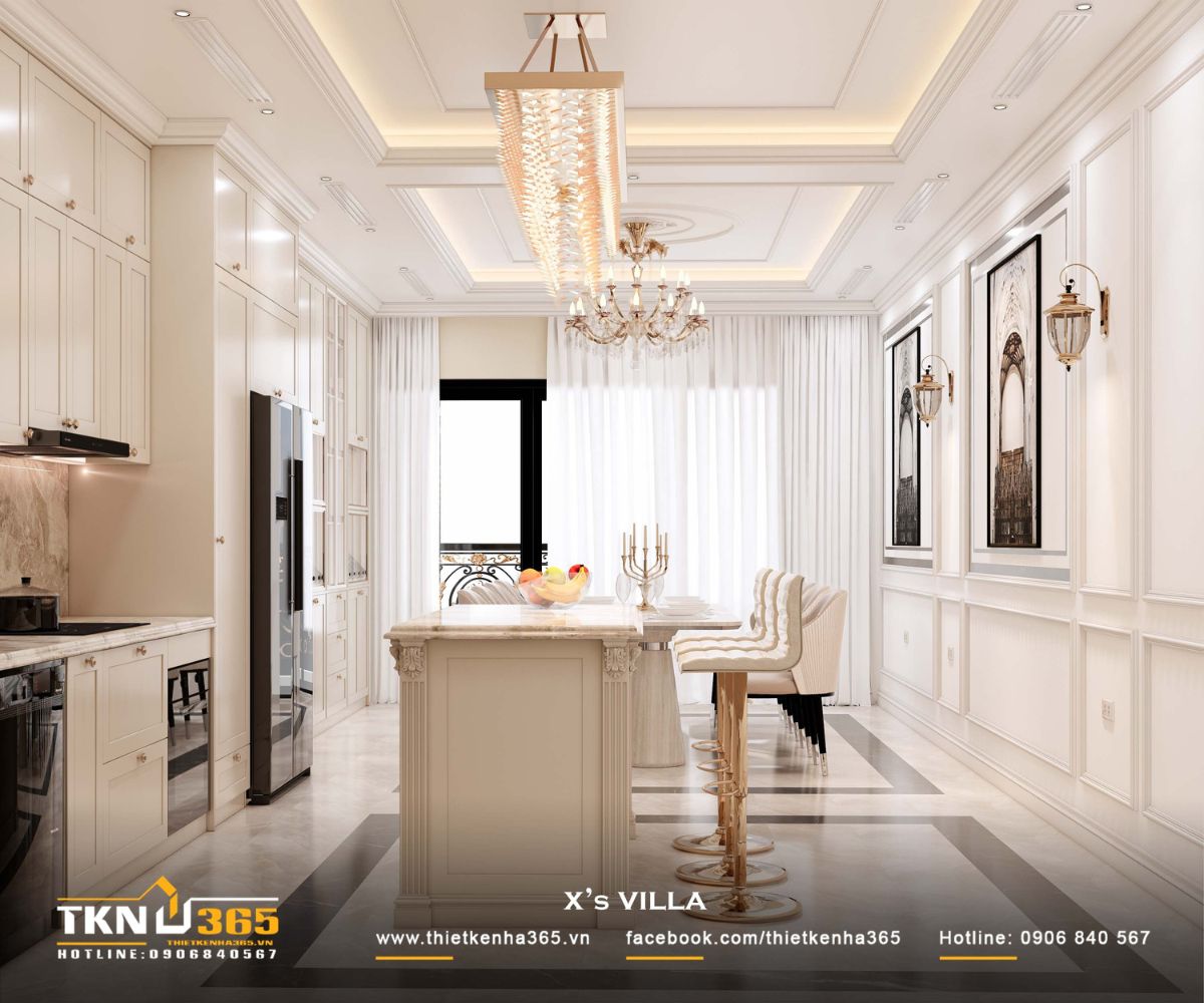 Đảo bếp trung tâm đóng vai trò vừa chuẩn bị, vừa kết nối các khu vực chức năng trong không gian bếp